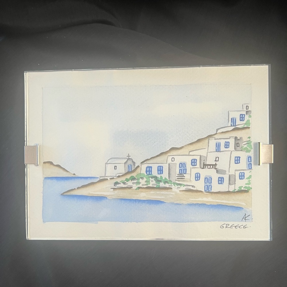 Water Colour Waterway/Church Scene in Greece.